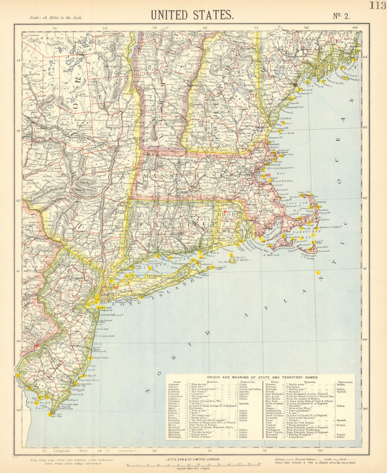 NEW ENGLAND COAST. NY Maine Massachusetts Connecticut NJ NH RI VT.LETTS 1892 map